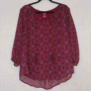 Women's St Johns Bay Red Floral Sheer w/ Lining Boho Long Sleeve Blouse Size XL